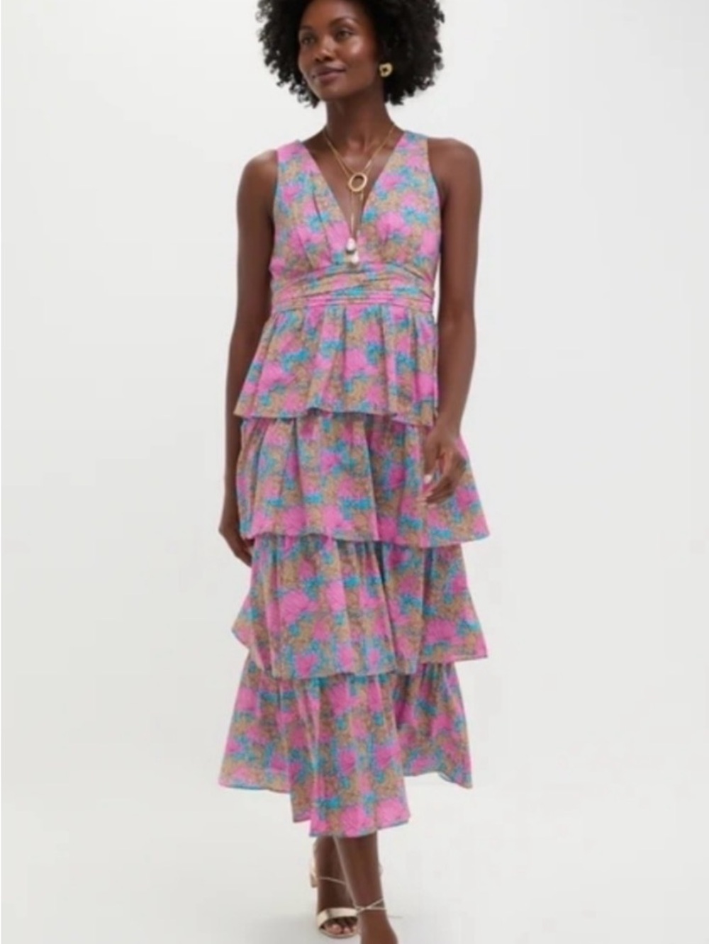 Tiered Pink Floral V-Neck Maxi Dress